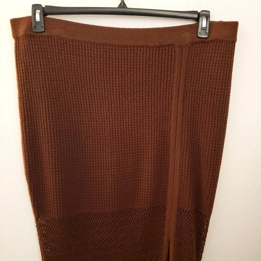 Nina Parker  Brown Knit Pencil Crochet Midi Skirt with Front Slit 3X NWOT